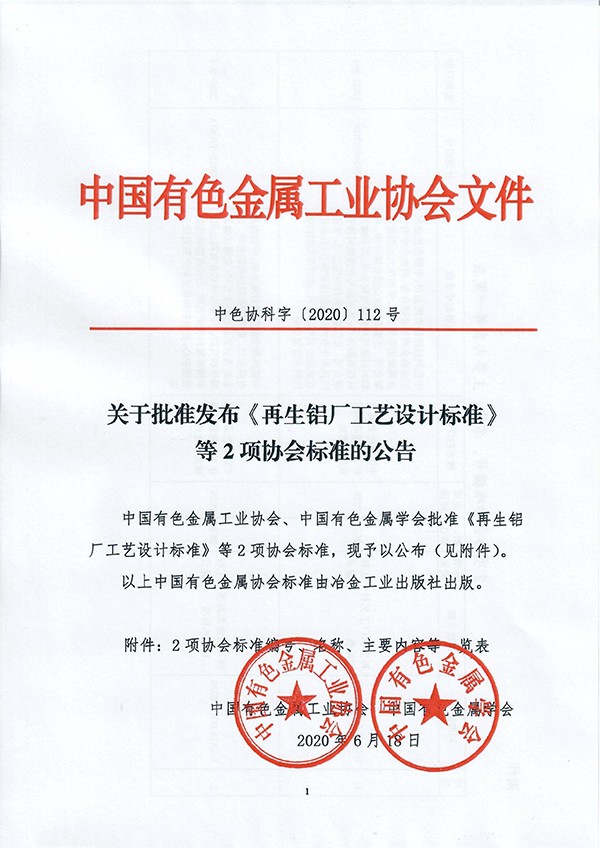 团体标准《再生铝厂工艺设计标准》批准发布 团体标准《再生铝厂工艺设计标准》批准发布